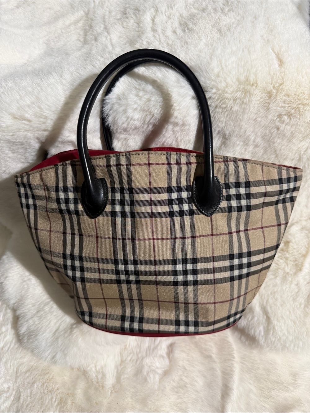 Burberry Beige Plaid Tote with Black Handles and Red Trim